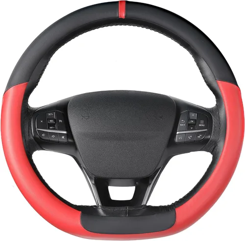 Vista 17 de SEG Direct Funda para volante de coche con fondo plano, forma D, 14 1/2-15 pulgadas (37-39 cm), cuero de microfibra negro