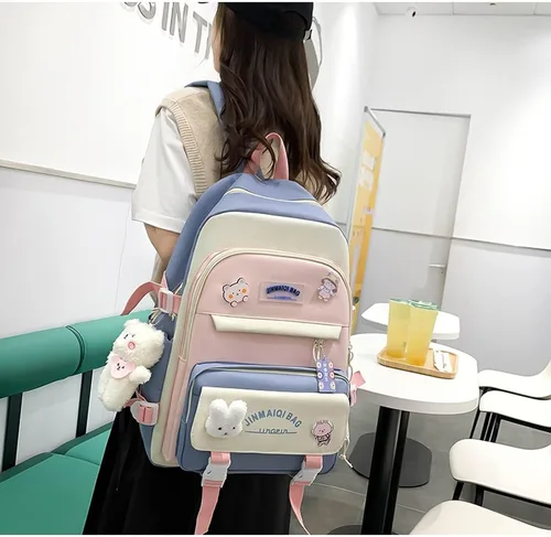 Vista 7 de Juego de 5 mochilas kawaii con colgante de oso y alfileres, suministros de regreso a clases, kit de bolsa de conejito de retazos (azul), Azul