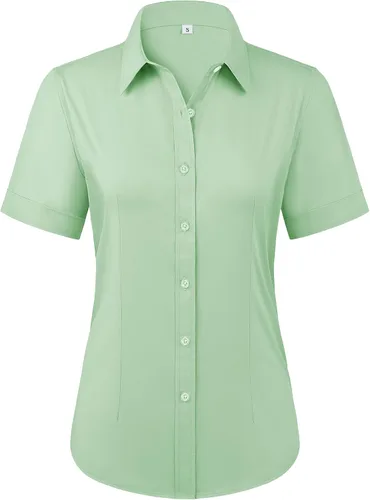 Vista 13 de Siliteelon - Camisas de vestir con protección contra manchas, sin arrugas, de manga corta, color liso, con botones, para mujer