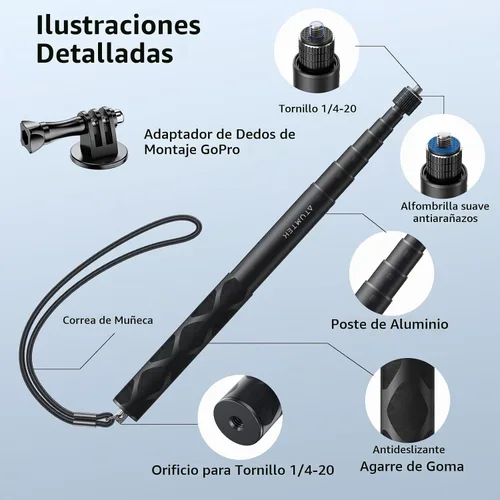 Vista 4 de ATUMTEK Palo selfie invisible de 52 pulgadas, poste monopie extensible de 1/4 pulgadas, diseño sólido y compacto para Insta360, para GoPro, DJI