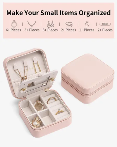 Vista 7 de Vlando Pequeño organizador de joyas de viaje, vitrina de joyería para niñas y mujeres, regalo de dama de honor, anillos, aretes, collares