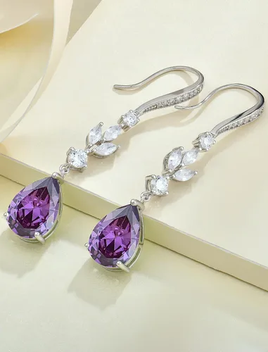 Vista 5 de Aretes colgantes de lágrima grande de boda con piedras natales de 0.394 x 0.551 in, aretes largos de plata de ley para mujer, regalos de joyería