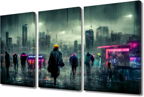 Vista 58 de Arte de pared de 3 piezas de escena de ciencia ficción de la calle comercial futurista paisaje urbano, decoración de pared para dormitorio