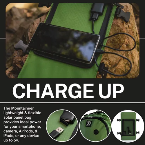 Vista 5 de Outdoor Tech - Mochila solar Mountaineer - Mochila resistente para exteriores de 40L con panel solar flexible y desmontable de 6.5 W para cargar