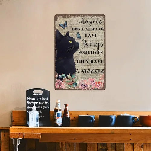 Vista 8 de Cartel de metal con diseño de gato negro con texto en inglés "Angels Don't Always Have Wings", póster de metal vintage de 8 x 12 pulgadas, letrero