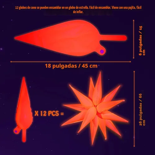 Vista 7 de Mega-L - Suministros de fiesta que brillan en la oscuridad, kit de 5 globos de estrella de neón - Explosión de lámina de neón y globos de cono de 12