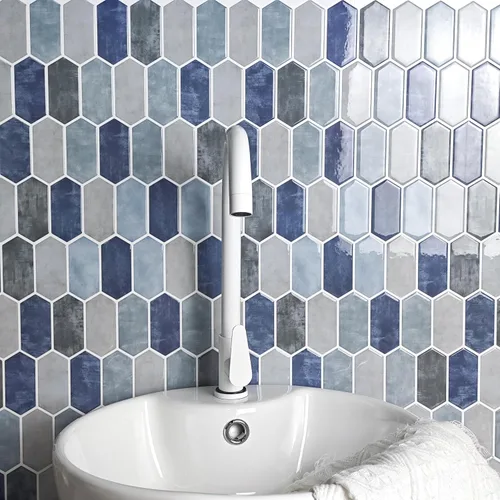 Vista 10 de Azulejos de despegar y pegar para cocina, diseño más grueso 3D autoadhesivo hexagonal largo para pared, azulejos para salpicadero, azul 10 hojas