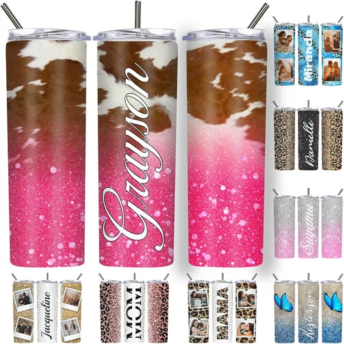 Vista 31 de Vaso delgado personalizado con purpurina con tapas y popotes, nombres, vasos de acero inoxidable personalizados con imagen para mujeres, hombres