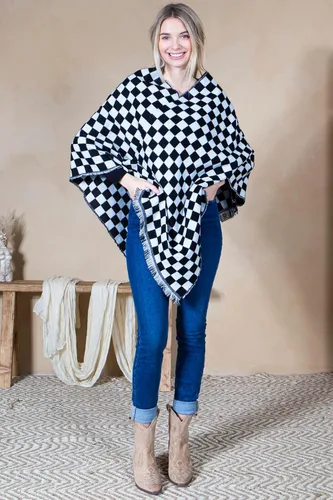 Vista 2 de Manta chal envolvente con capa a juego para mamá y yo Boho Open Front Winter Poncho Buffalo Plaid Warm Cardigan
