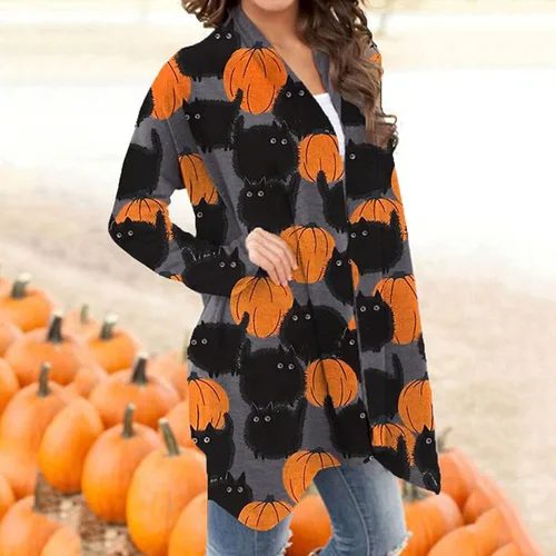 Vista 4 de kinstell Cárdigan de manga larga para mujer, diseño de calabaza, animal, gato negro, fantasma, abrigo ligero