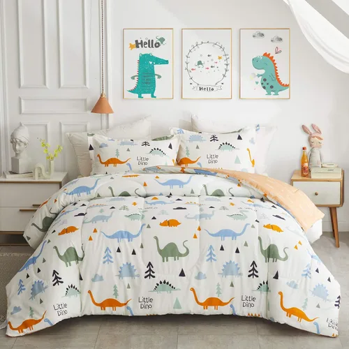 Vista 10 de Juego de edredón de algodón de dinosaurio para niños y niñas, edredón de algodón de 3 piezas, tamaño individual, diseño de dinosaurios verdes Dino