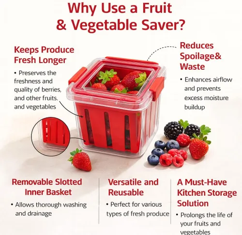 Vista 3 de Home & Style Recipiente de almacenamiento de productos con colador, enjuague, escurre y mantiene las frutas frescas, sin BPA, con tapa, ideal