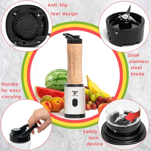 Vista 3 de Moss & Stone Licuadora personal negra para batidos, mezcladora de un solo toque con botella de 20 onzas sin BPA, electrodoméstico compacto