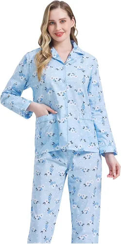 Vista 7 de Amaxer Conjunto de pijama 100% algodón para mujer, de manga larga, suave, con botones, con cordón elástico