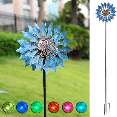 Vista 6 de Molinillo solar de viento azul con rotación de 360 grados con globo de vidrio agrietado multicolor, luz LED, cinética de doble dirección, adornos