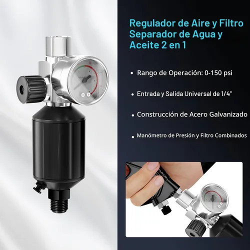 Vista 5 de Pistola rociadora de aire HVLP con boquillas de 1.4/1.7/2mm y regulador de compresor de aire, pistola de pintura de aire con taza de mezcla de 600cc