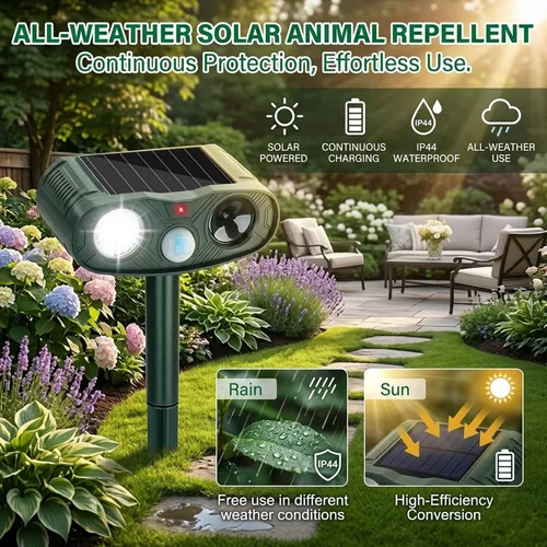Vista 4 de Paquete de 4 repelentes solares de animales para exteriores: dispositivos repelentes de ciervos Sonic Fortress Pro y repelente ultrasónico