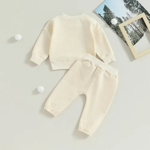 Vista 7 de Conjunto de 2 piezas de ropa de otoño unisex para bebé, color liso, sudadera de manga larga, pantalones con cordón