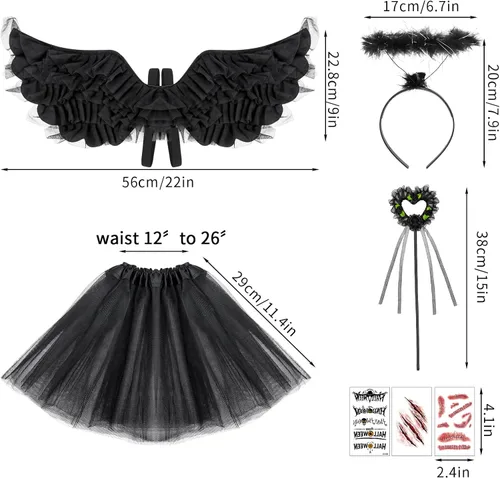 Vista 3 de Meetory Juego de 7 alas de ángel negras y halo, alas de ángel oscuras para niñas, incluye falda tutú de tul, varita, calcomanías de juego de rol