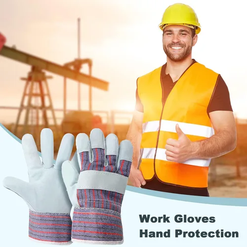 Vista 6 de Jiuguva 24 pares de guantes de trabajo de algodón y cuero, puños de seguridad, manos de trabajo de jardinería con palmas reforzadas resistentes