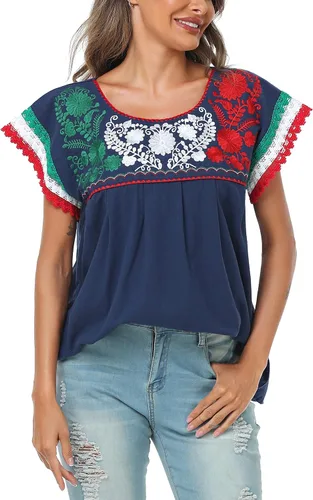Vista 3 de YZXDORWJ Blusa tradicional colorida de encaje bordado mexicano para mujer, tricolor, camiseta del día de la independencia mexicana