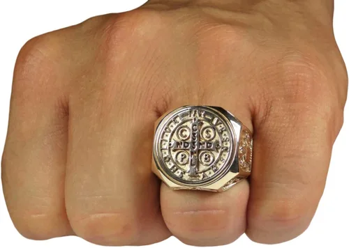 Vista 4 de Anillo de hombre San Benito de Oro Sólido Cristiano Católico