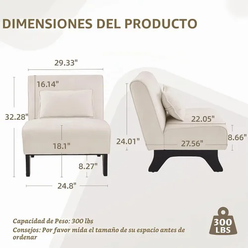 Vista 2 de Silla de acento tapizada sin brazos, sillas modernas y cómodas para sala de estar con patas de madera y almohadas, sofá cama lateral para dormitorio