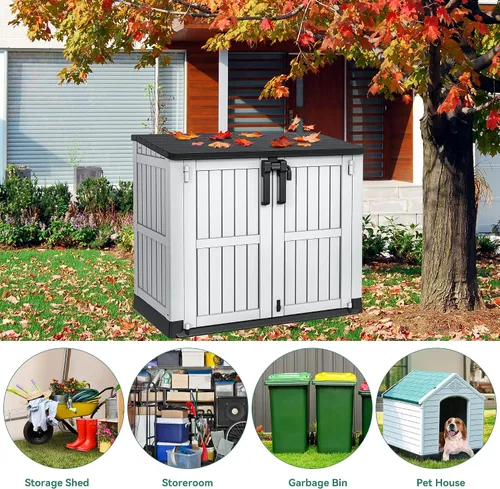 Vista 4 de YITAHOME Cobertizo de herramientas de resina gris claro, 36 pies cúbicos de almacenamiento horizontal impermeable para exteriores, cobertizo