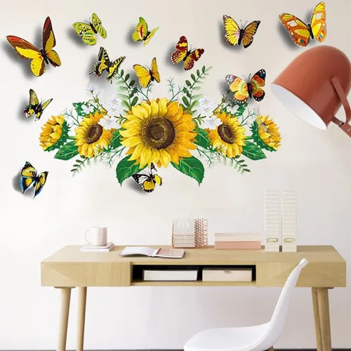 Vista 2 de Calcomanías de pared de girasol con mariposa 3D, calcomanías de pared de flores amarillas, SPRT impermeable y extraíble, calcomanías de pared