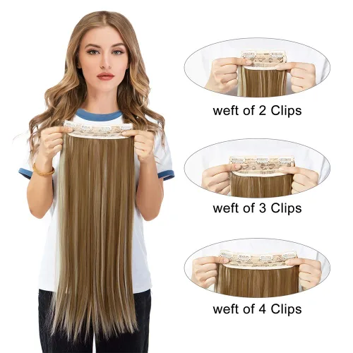 Vista 5 de Extensiones de cabello ondulado, doble trama, 7 piezas con 16 clips, largo de 24 pulgadas