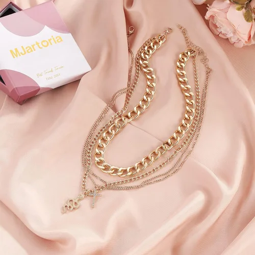 Vista 7 de MJartoria Collares de oro en capas para mujer, collar retro de moda con dije de moneda, collar de oro, cadena de eslabones gruesos, gargantilla