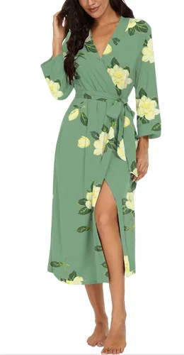 Vista 36 de VINTATRE Bata tipo kimono para mujer, bata larga de punto, ligera, suave, ropa de dormir con cuello en V, casual, ropa de descanso para mujer Verde