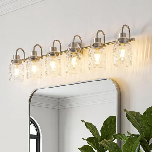 Vista 14 de 2 luces de tocador de baño, lámparas de baño de níquel cepillado con pantalla de vidrio martillado para tocador, sobre espejo, pasillo