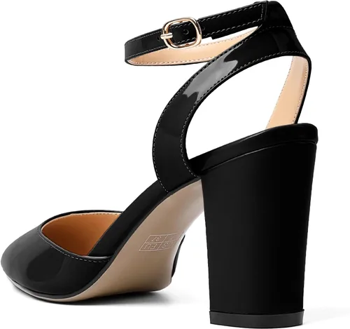 Vista 5 de Soireelady Tacones altos gruesos para mujer, tacones puntiagudos, correa al tobillo, sandalias envolventes de charol con diseño recortado, zapatos