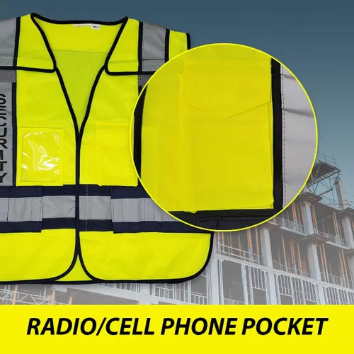 Vista 6 de VIEWBRITE Chaleco reflectante clase 2 para bomberos, color verde lima, chaleco de bomberos amarillo de alta visibilidad de 5 puntos