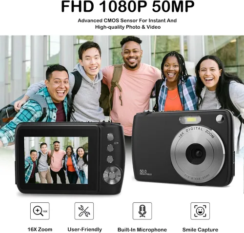 Vista 7 de Cámara digital, cámaras para niños para 50MP FHD 1080P, cámara digital de apuntar y disparar con zoom 16X antivibración, cámaras pequeñas compactas
