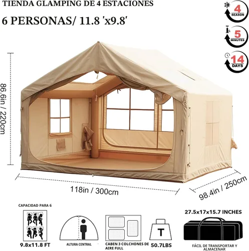 Vista 9 de SENLEETO Tiendas inflables para acampar, gran tienda de camping inflable con bomba manual, tiendas inflables fáciles de montar para 4-6 personas