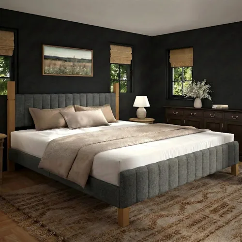 Vista 11 de Yechen Marco de cama de madera de tamaño matrimonial con cabecero, postes de madera maciza y plataforma de pies, no necesita somier, lino beige