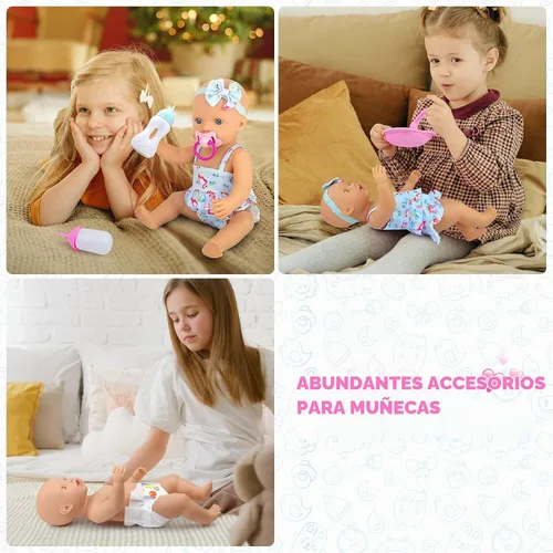 Vista 3 de UNICORN ELEMENT Juego de 12 accesorios para muñecas de bebé, kit de alimentación y cuidado con bolsa de pañales, pañales para muñecas, 2 botellas