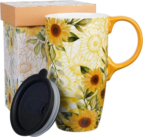 Vista 9 de Topadorn Taza de viaje de cerámica reutilizable de 17 onzas con tapa y asa, taza de café de cerámica con caja de color para los amantes del café