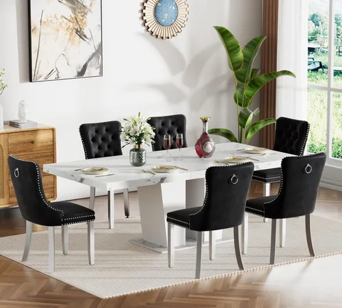 Vista 24 de Henf Juego de mesa de comedor extensible de 78 pulgadas para 6 mesas rectangulares de madera de 7 piezas con 6 sillas tapizadas de terciopelo, mesa