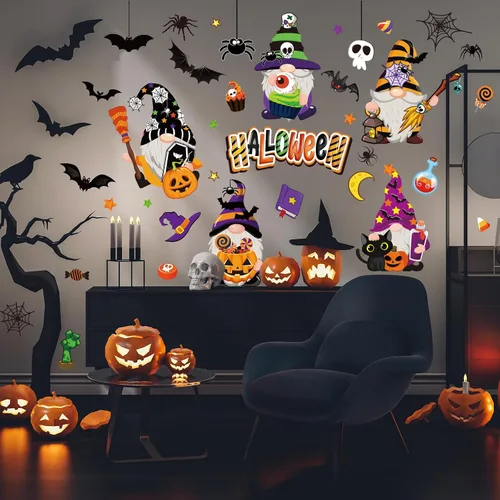 Vista 3 de Whaline Decoración de pared de gnomo de Halloween, gnomo, murciélago, araña, calabaza, calcomanías de pared, lindas calcomanías de arte extraíbles