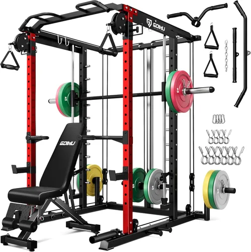 Vista 12 de Máquina S1-V4 Smith, jaula de potencia de 2000 libras con sistema de cruce de cables, estante de sentadillas todo en uno con barra Smith