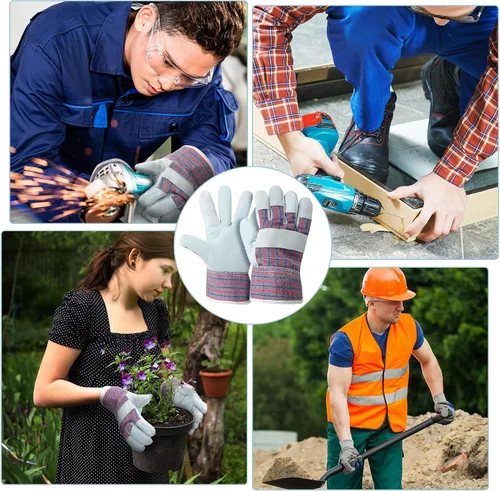 Vista 7 de Jiuguva 24 pares de guantes de trabajo de algodón y cuero, puños de seguridad, manos de trabajo de jardinería con palmas reforzadas resistentes