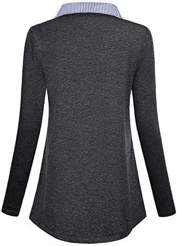 Vista 2 de SeSe Code - Camiseta de manga larga para mujer, cuello de contraste, plisado, túnica de oficina