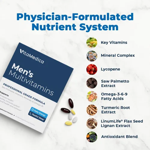 Vista 2 de VitaMedica Multivitamínico para hombre con apoyo para la salud de la próstata Vitaminas, minerales, omega3s y palma enana americana Caja de 30