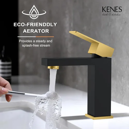 Vista 5 de KENES Grifo de lavabo de baño de una sola manija, grifos de baño negros y dorados de un solo orificio, grifo de tocador con desagüe emergente