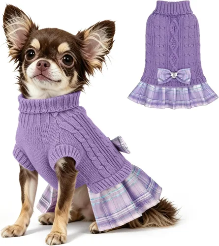 Vista 24 de YUDODO Small Dog Sweater Dress with Bowtie Turtleneck - Knitted Pet Clothes Dusty Pink