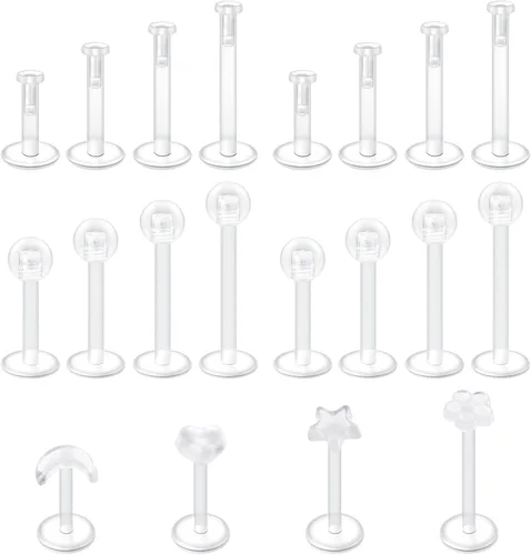 Vista 5 de FECTAS 20-38 piercings transparentes de plástico Bioflex, aretes de nariz, tabique, vientre, cartílago, hélice, pezón, lengua, labio, labret, cejas