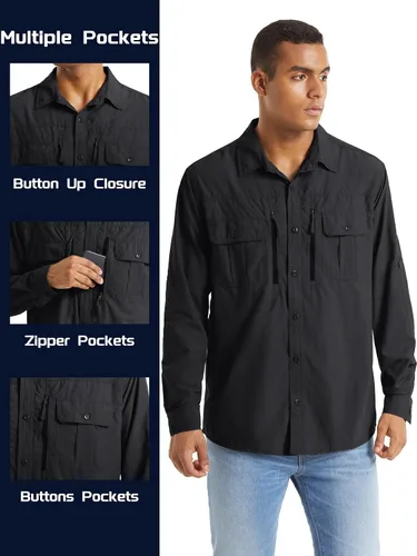 Vista 6 de TACVASEN Camisas tácticas para hombre, secado rápido, protección UV, transpirable, manga larga, senderismo, pesca, botones